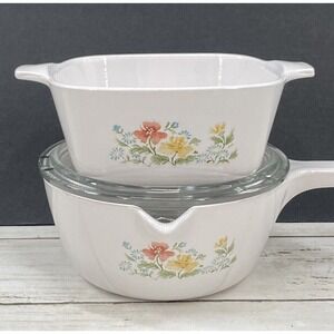 2 Vintage Corning Ware Dishes MEADOW Casserole P43B /Saucepan P89B W/LID